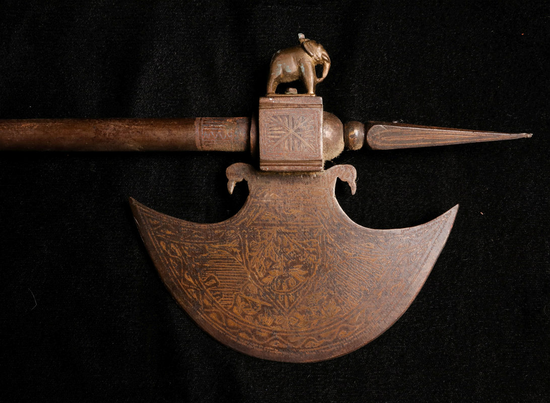 AN 18TH CENTURY INDIAN TABAR BATTLE AXE W/ INLAY