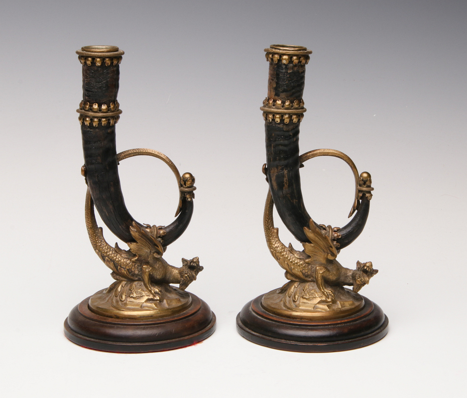 PAIR 19 C BRONZE GRIFFIN CHAMOIS HORN CANDLESTICKS