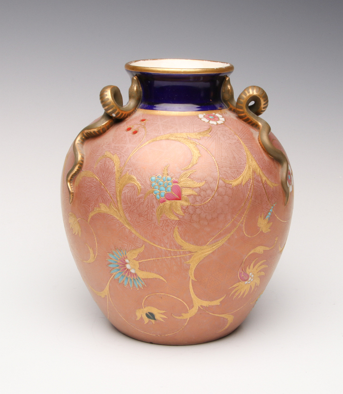 AN 1879 WORCESTER ENAMEL VASE WITH FIGURAL SNAKES