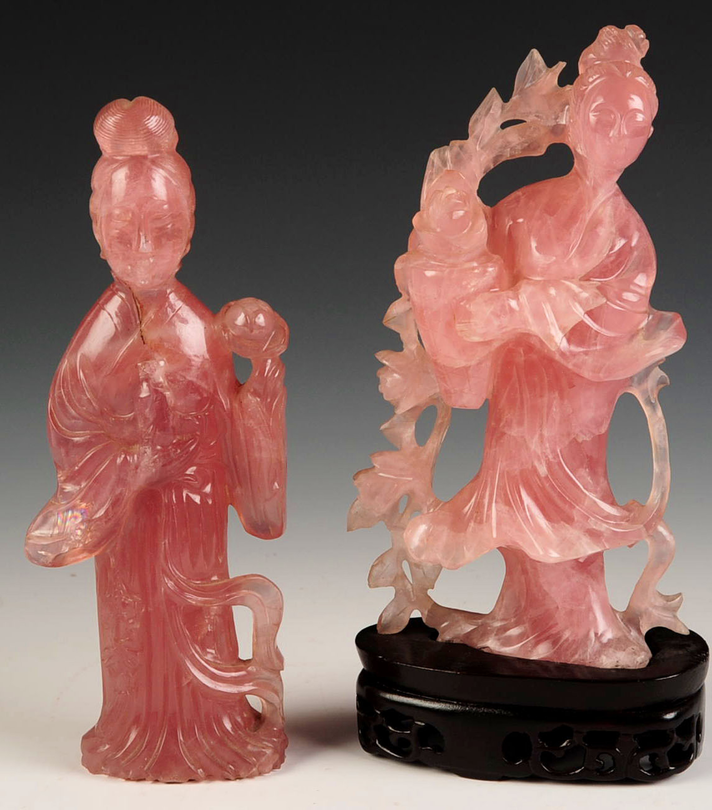 A PAIR CHINESE ROSE QUARTZ WOMEN FIGURES