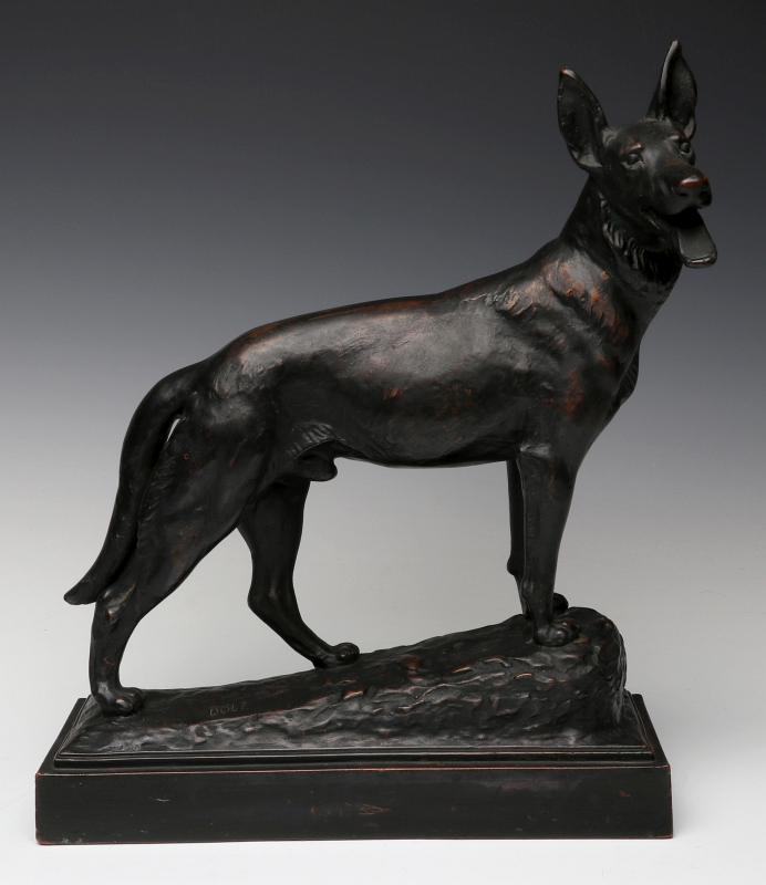 A BRONZE CLAD GERMAN SHEPHERD, AFTER PAUL HERZEL