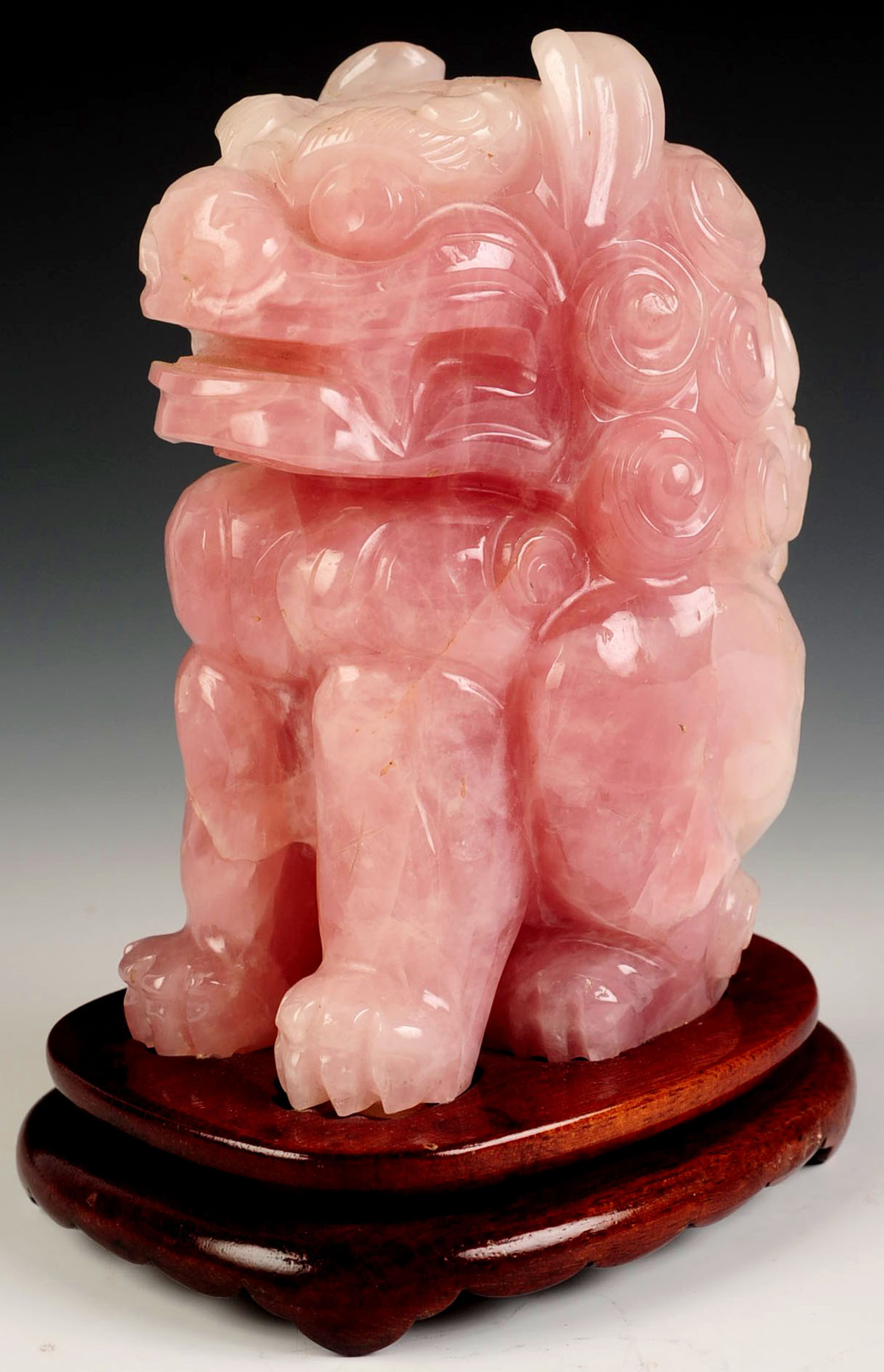 A PAIR CHINESE ROSE QUARTZ FU DOG CARVINGS