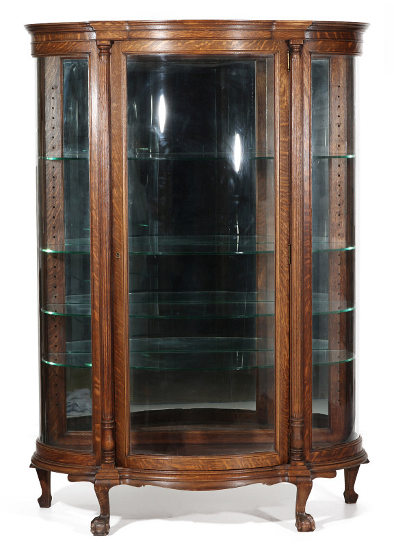 CIRCA 1900 ANTIQUE OAK CURVED GLASS CHINA CABINET