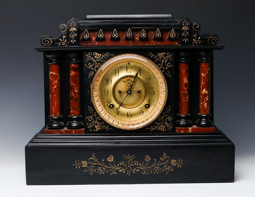 ANSONIA BOMBAY FAUX MARBLE AND BLACK ENAMEL CLOCK