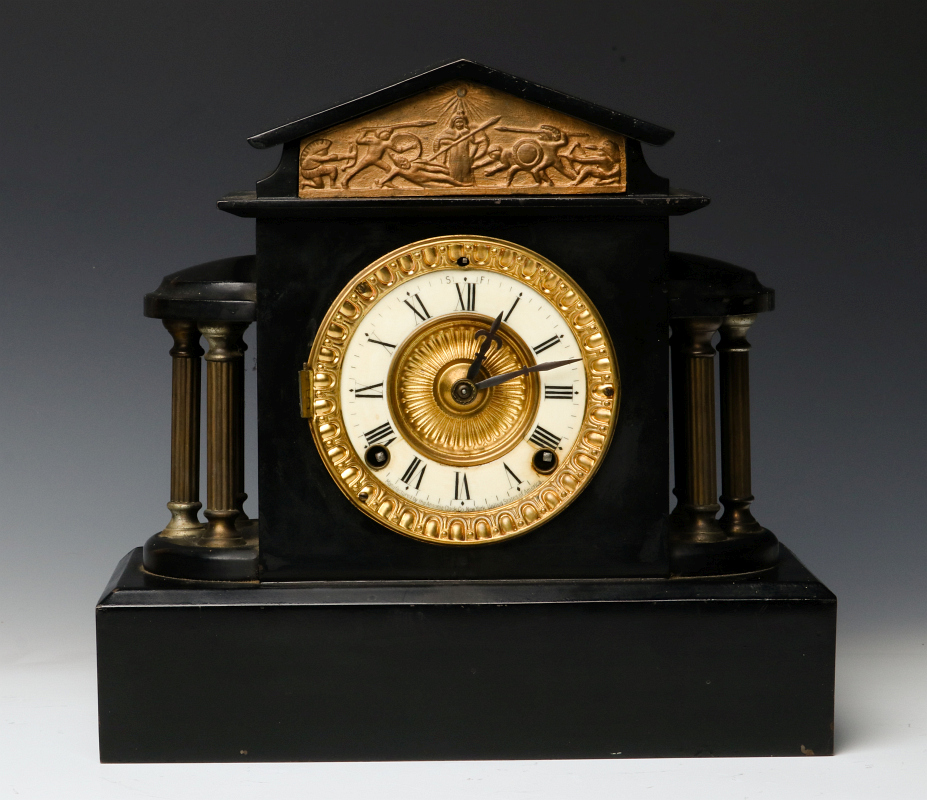 AN ANSONIA BLACK ENAMEL SHELF CLOCK AS FOUND