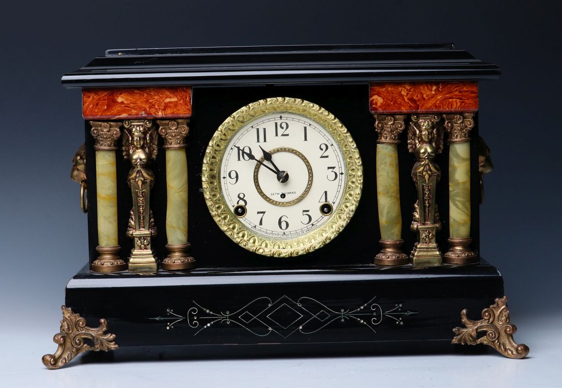 A SETH THOMAS ADAMANTINE HIGHLIGHTS MANTLE CLOCK