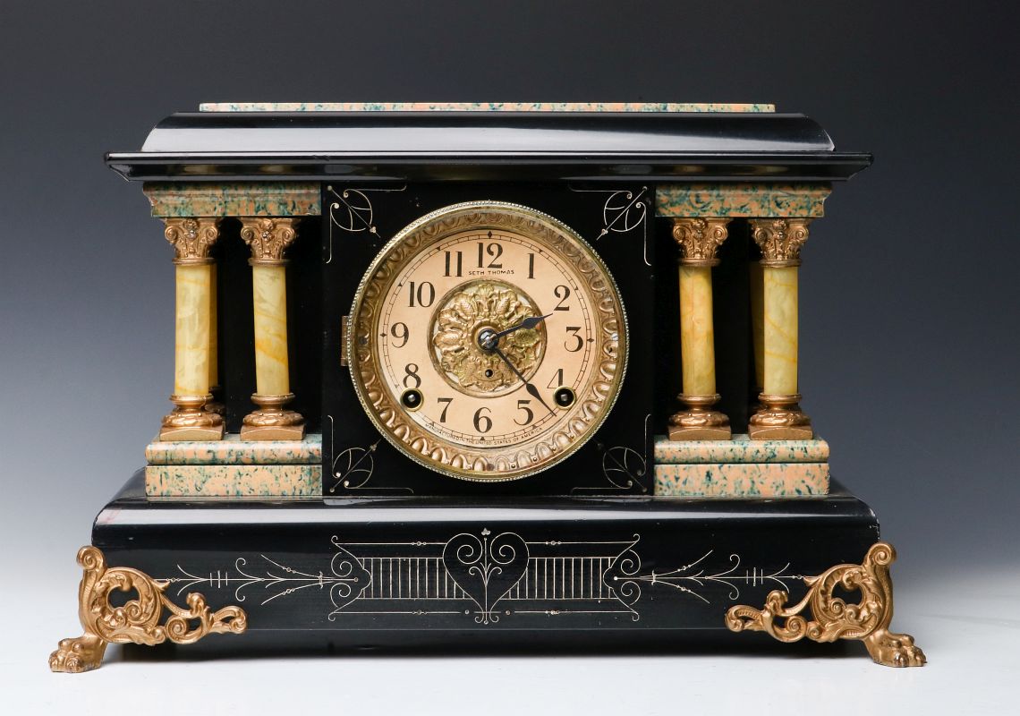 A SETH THOMAS ADAMANTINE HIGHLIGHTS MANTLE CLOCK