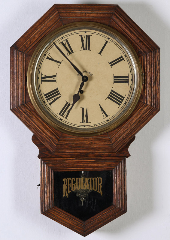 AN INGRAHAM SHORT DROP OCTAGON SCHOOLHOUSE CLOCK