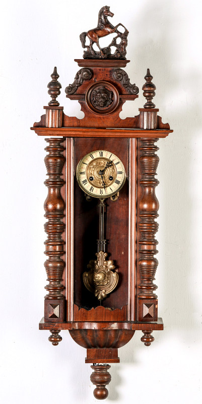 A JUNGHANS WALNUT REGULATOR WITH HORSE SURMOUNT