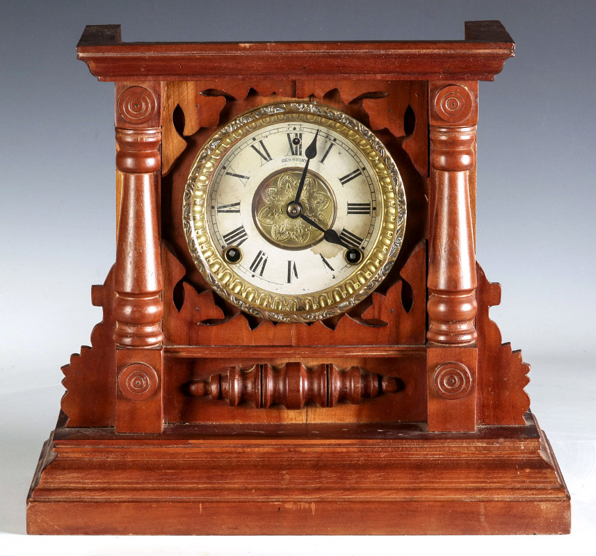 A SESSIONS WOOD CASE ANTIQUE SHELF CLOCK