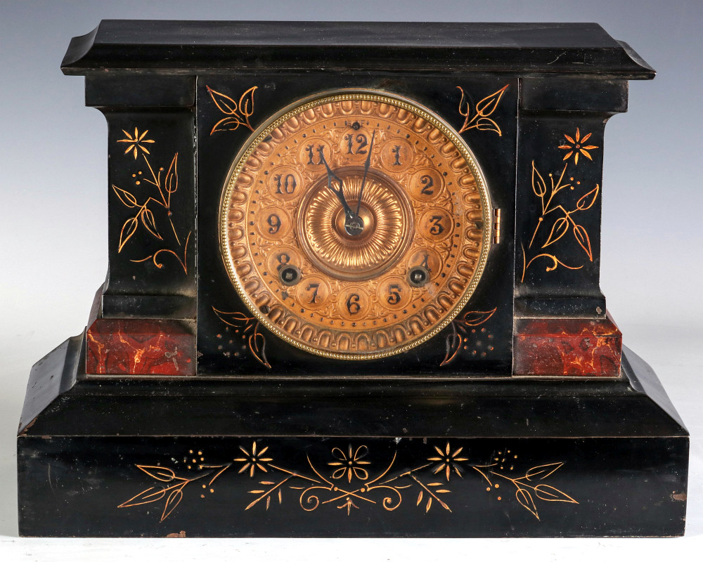 AN ANSONIA 'AETNA' ENAMELED IRON CASE MANTLE CLOCK