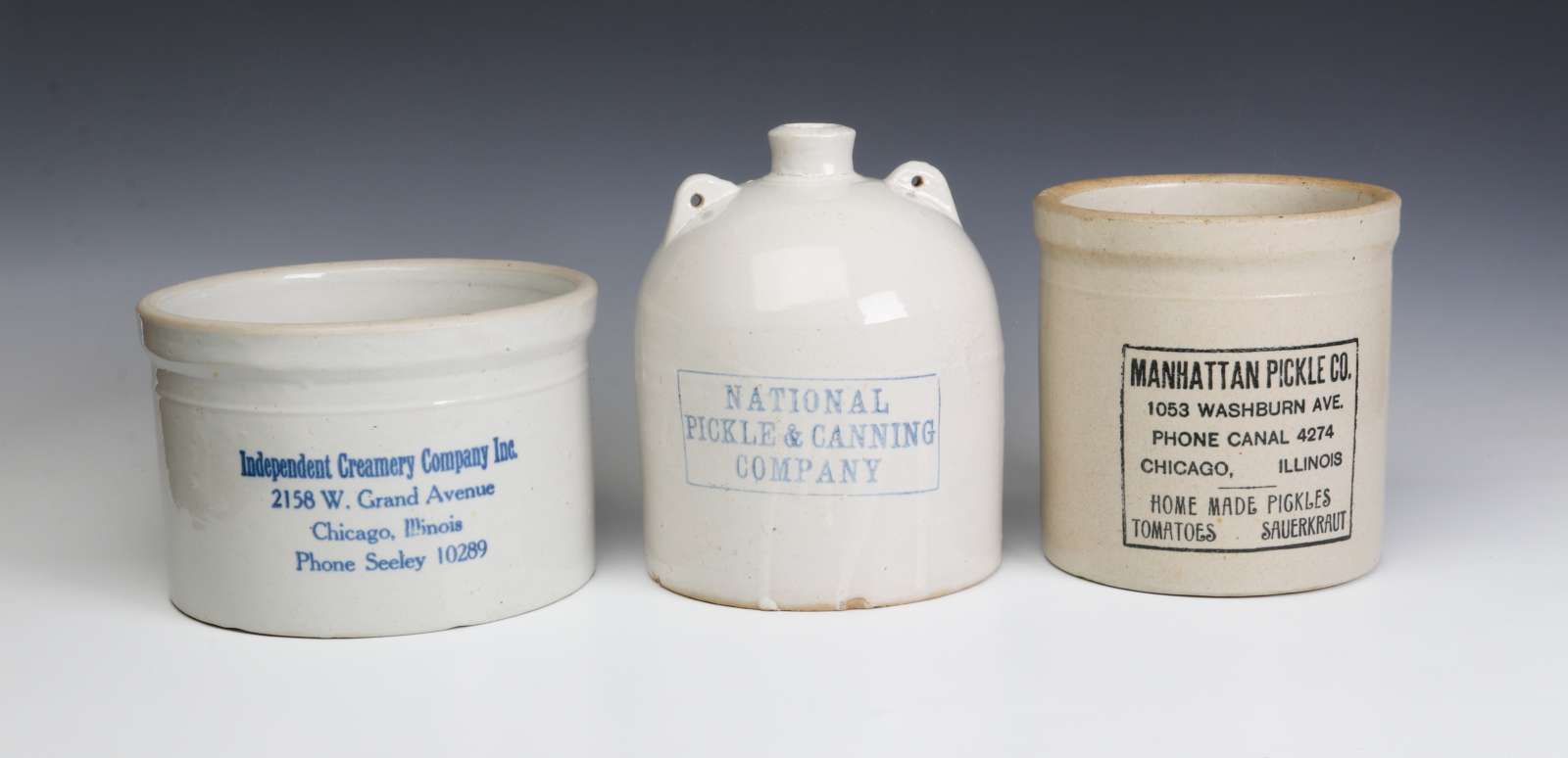 THREE GOOD PIECES OF ADVERTISING STONEWARE C 1910s