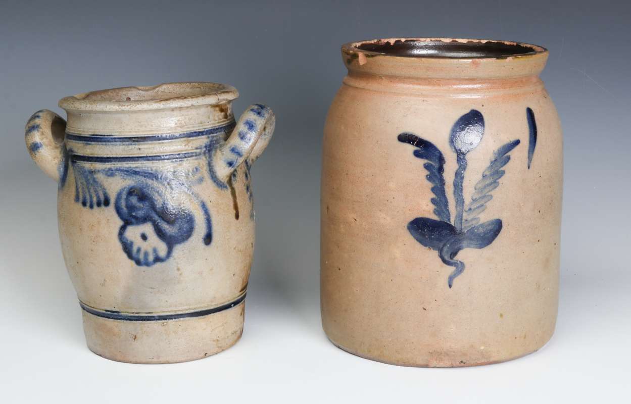 TWO 19TH CENTURY BLUE DECORATED STONEWARE CROCKS