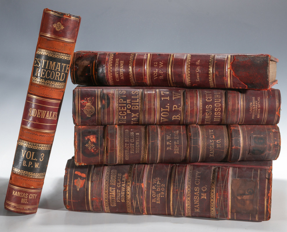 A COLLECTION OF LARGE 19TH C, RED LEATHER LEDGERS