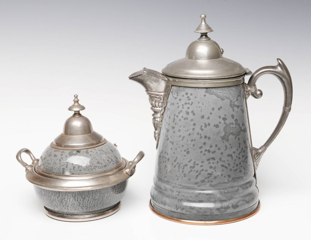 PEWTER TRIM GRAY GRANITE COFFEE POT AND SUGAR