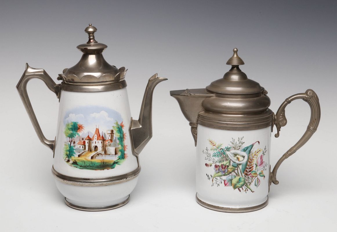 PEWTER TRIM MULTICOLOR GRANITE WARE COFFEE POTS