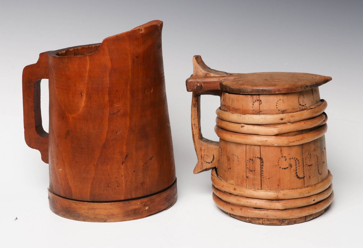 1900s SCANDINAVIAN WOOD TANKARD AND MAPLE PITCHER