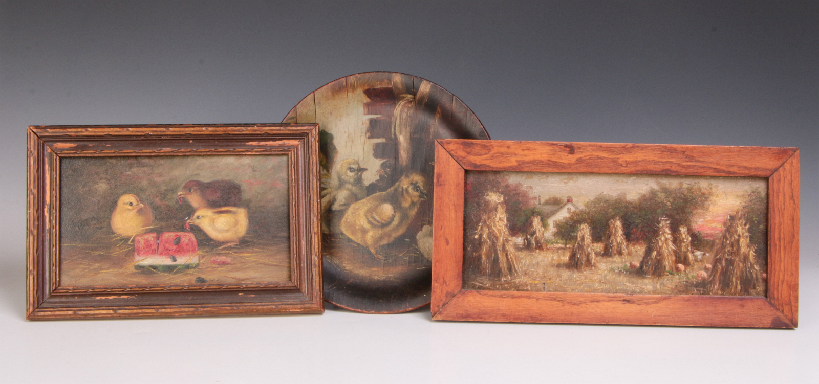 THREE 19TH C AMERICAN PRIMITIVE PAINTINGS W/CHICKS