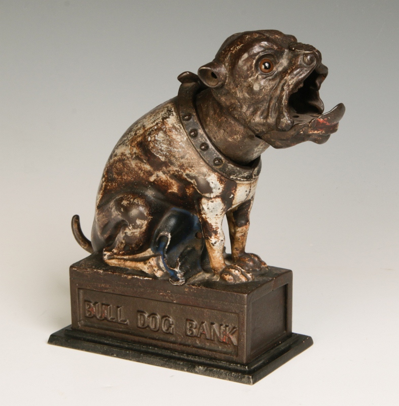 A 19TH C. J&E STEVENS BULL DOG MECHANICAL BANK