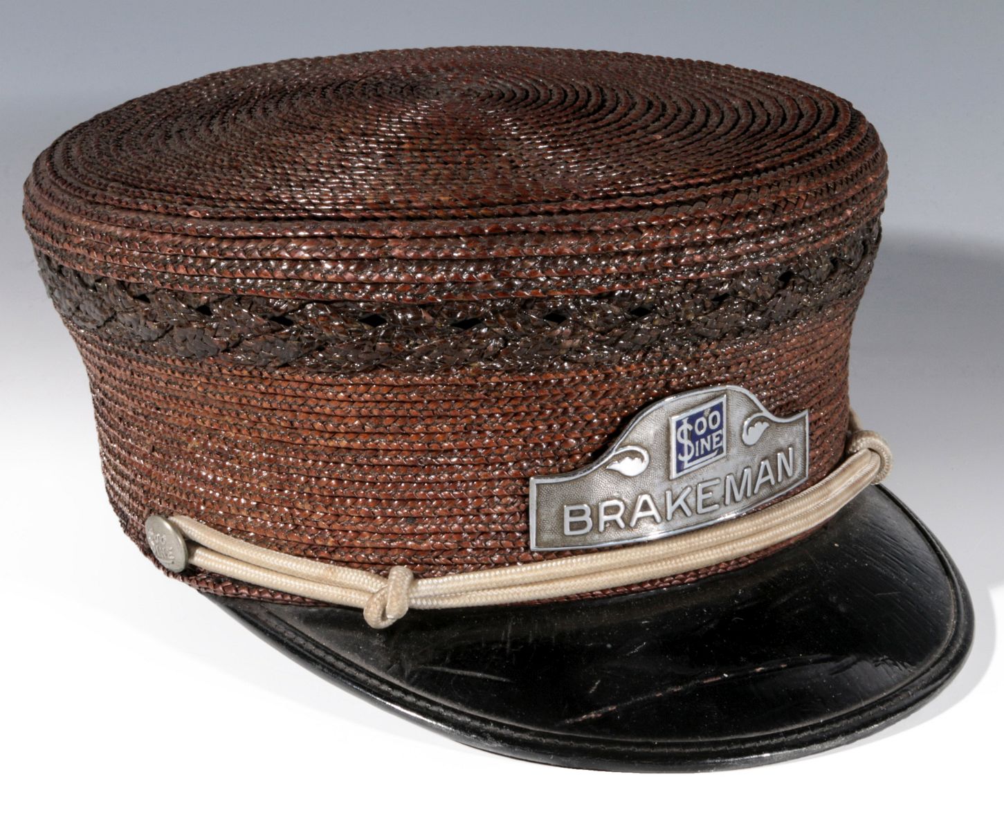 A SOO LINE WOVEN STRAW BRAKEMAN SUMMER CAP