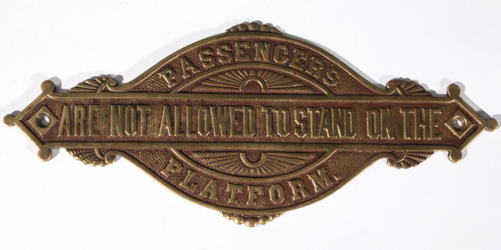 'PASSENGERS ARE NOT ALLOWED...' BRASS RR CAR PLATE