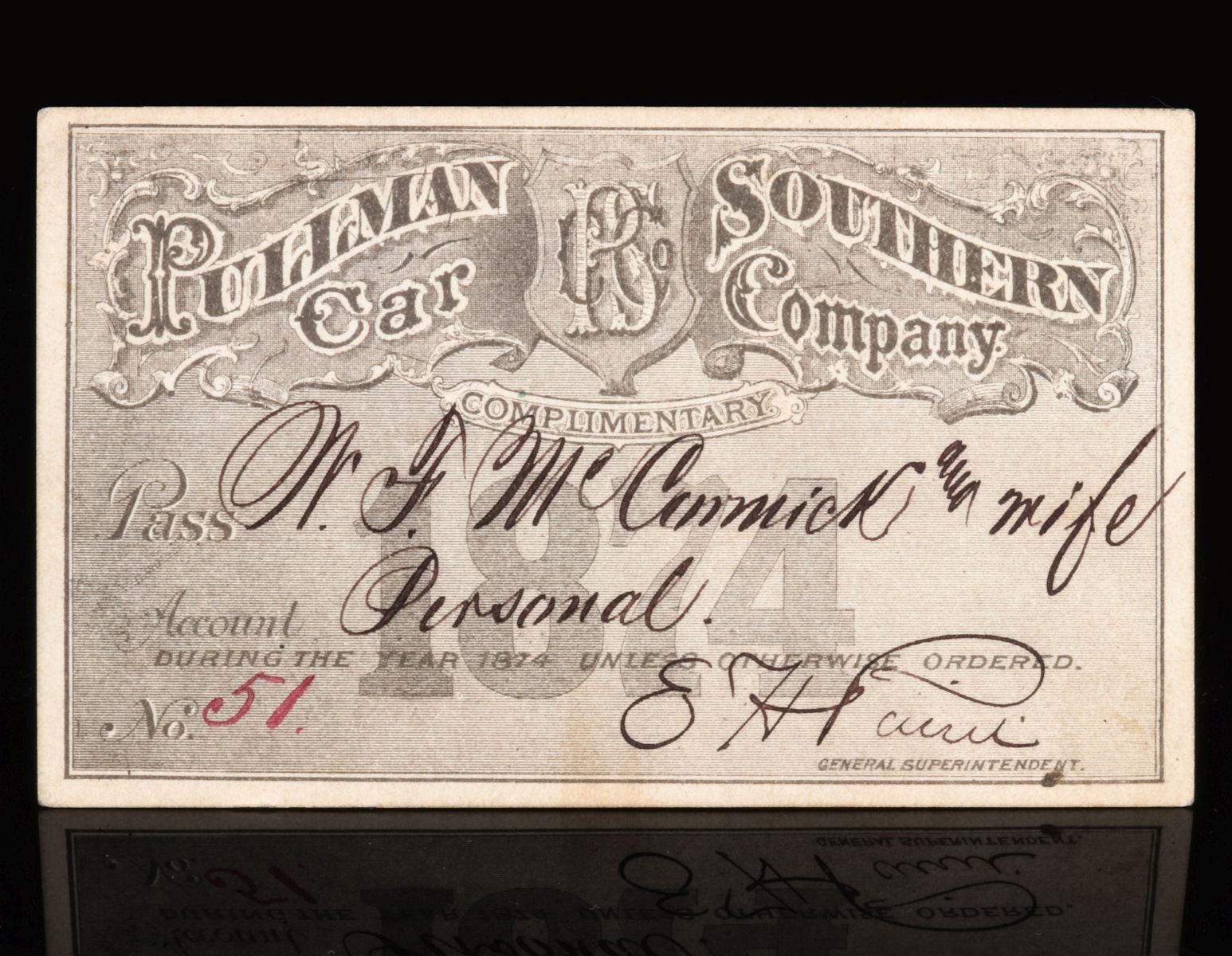 AN 1874 PULLMAN SOUTHERN RAILROAD PASS