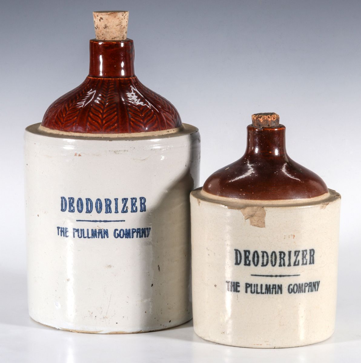 STONEWARE JUGS ADVERTISING PULLMAN DEODORIZER