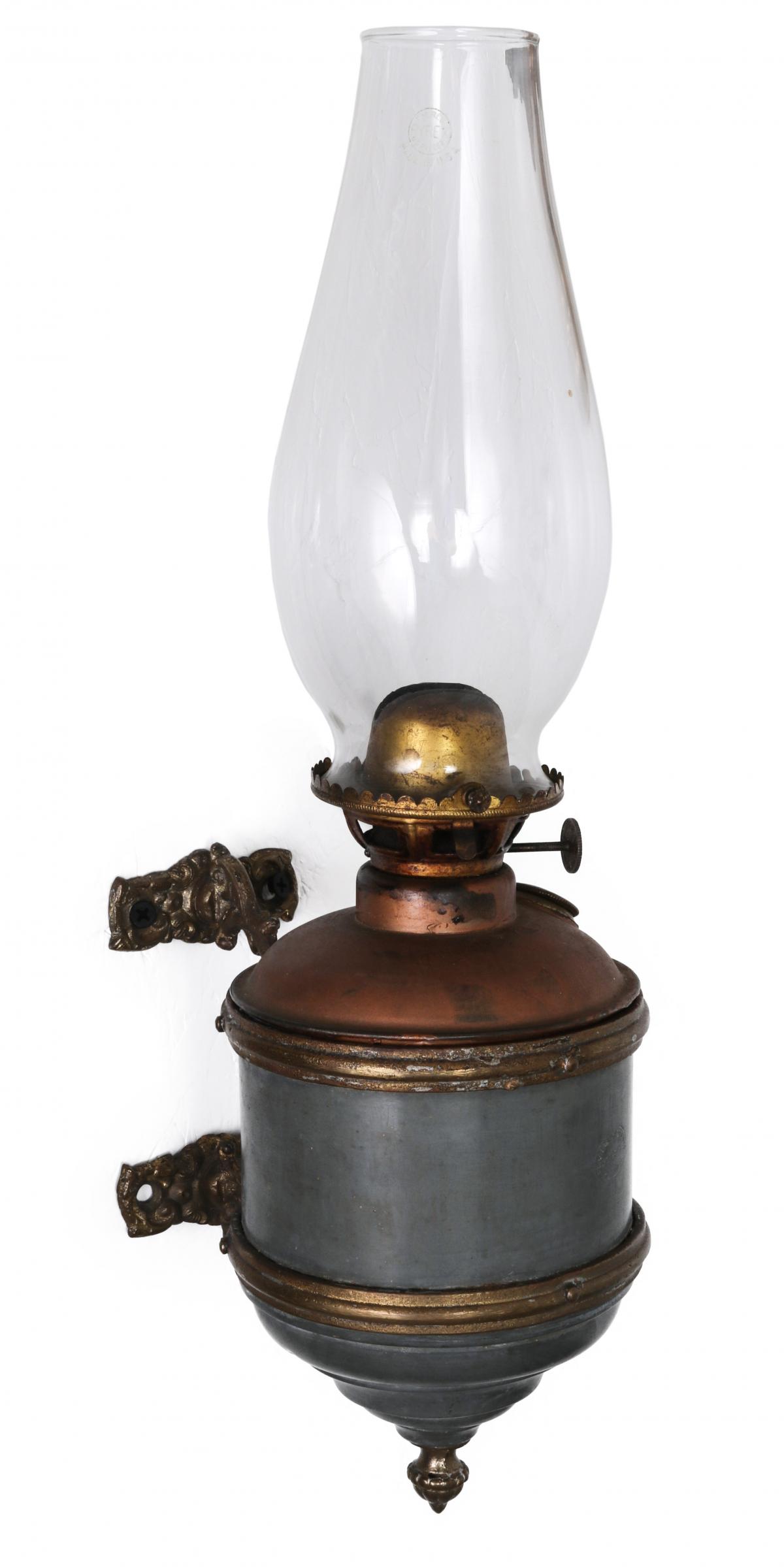 A 19TH CENTURY IRON BRACKET RAILCAR SIDE OIL LAMP