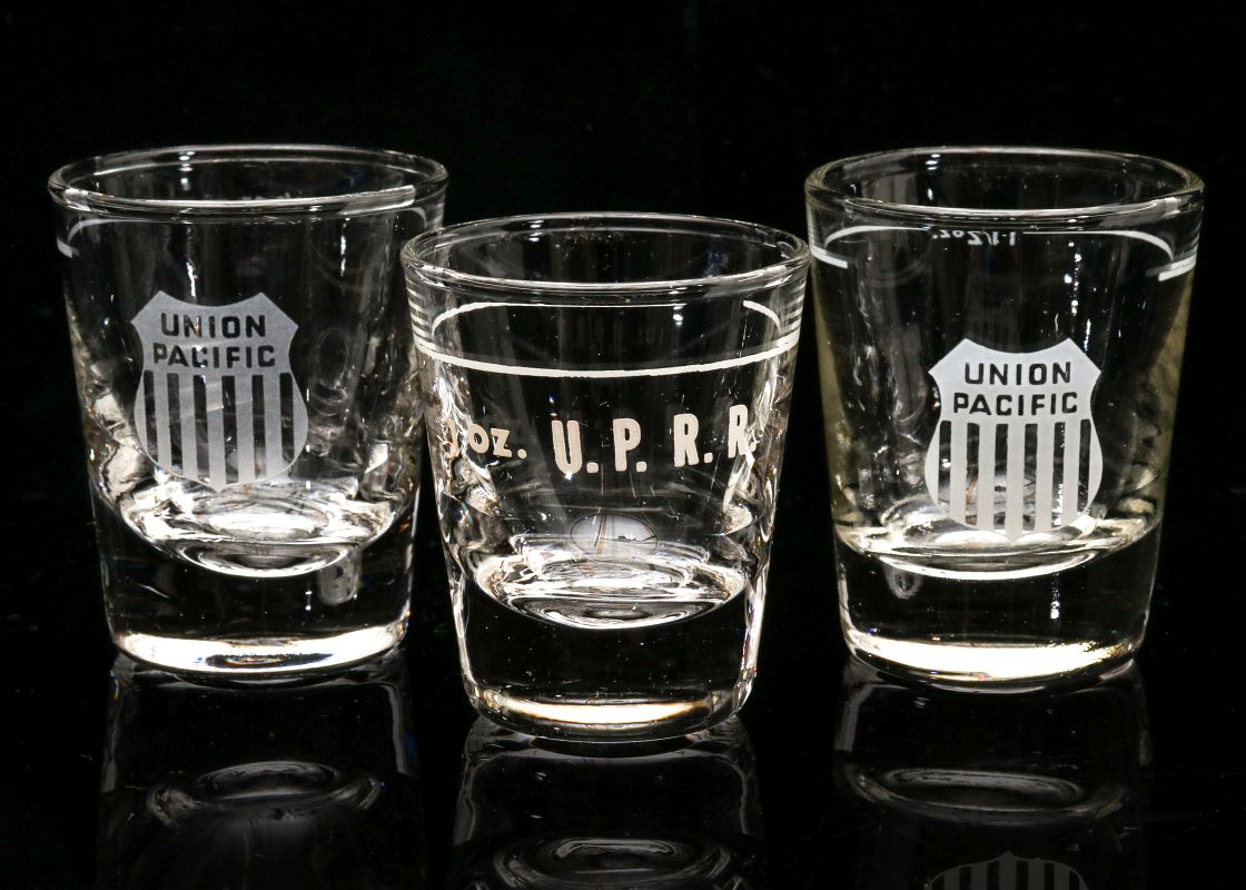 THREE UNION PACIFIC RAILROAD SHOT GLASSES