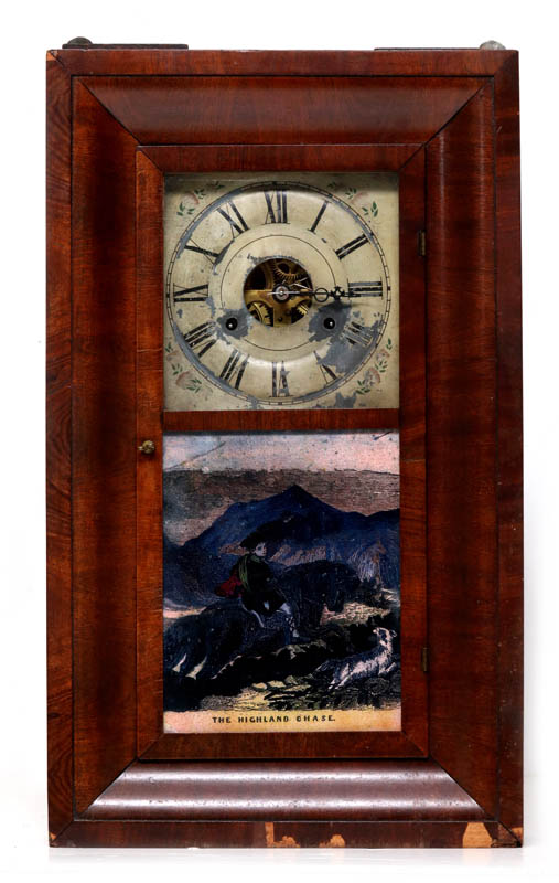 A NEW HAVEN SHELF CLOCK WITH EGLOMISE DOOR PANEL