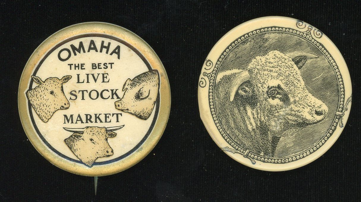 TWO OMAHA LIVESTOCK CELLULOID ADVERTISING PINBACKS