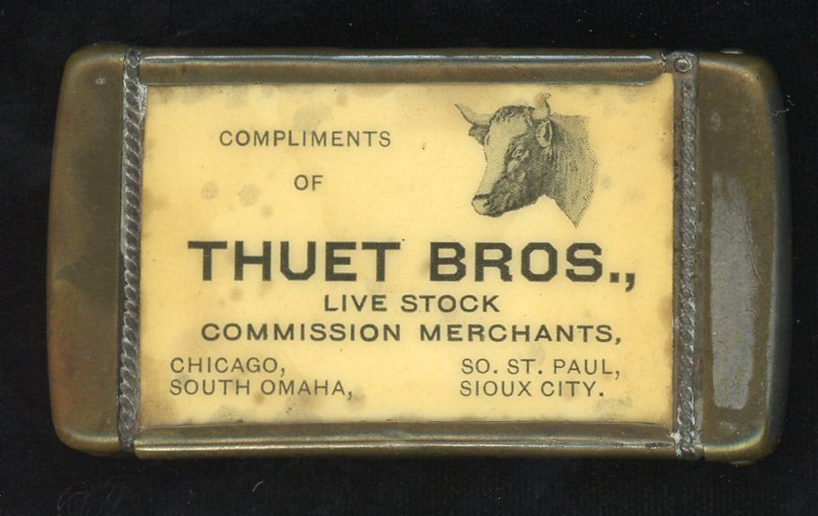 THUET BROS. LIVE STOCK CELLULOID ADVTG MATCH SAFE