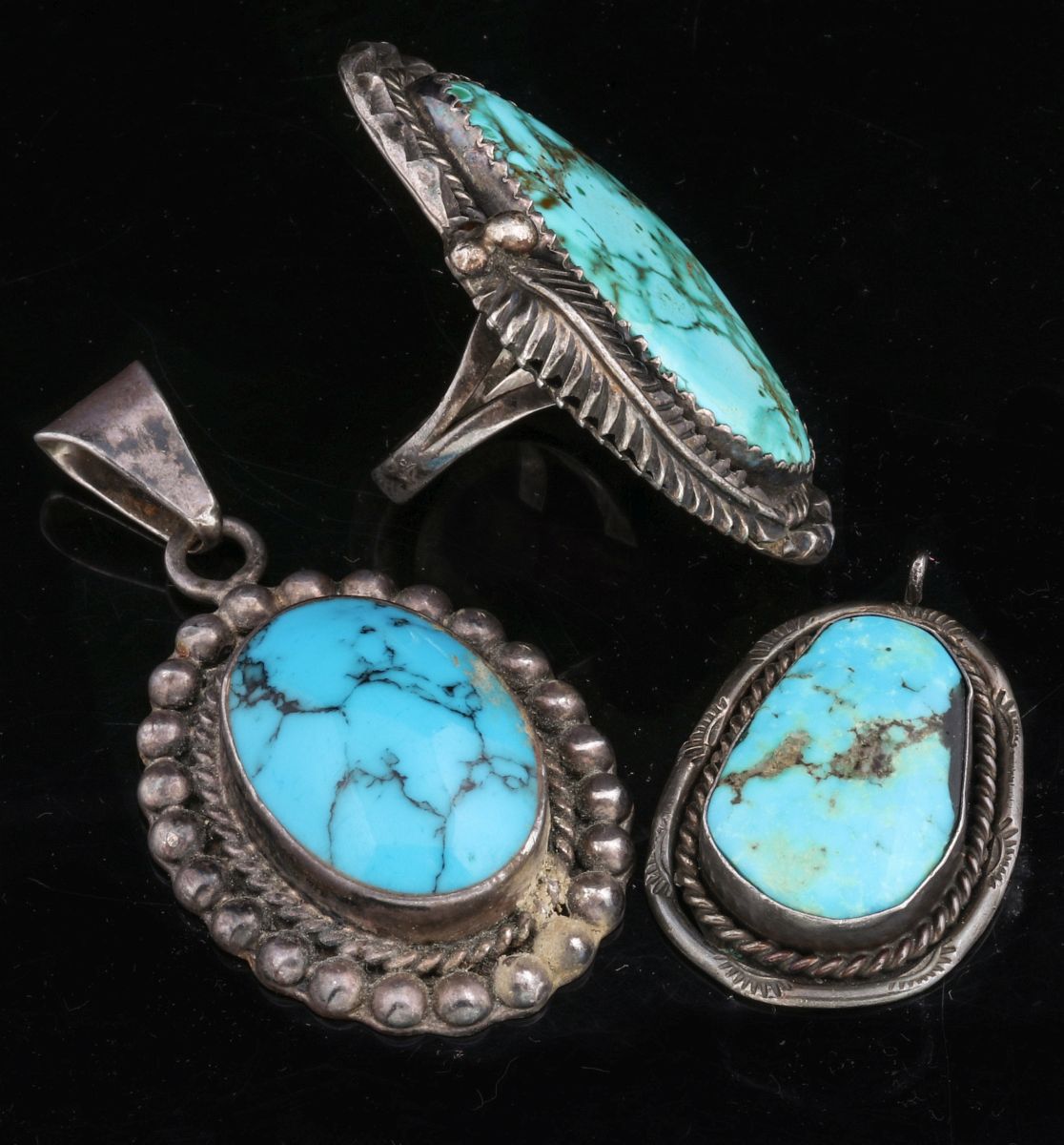 STERLING SILVER AND TURQUOISE RING AND PENDANTS