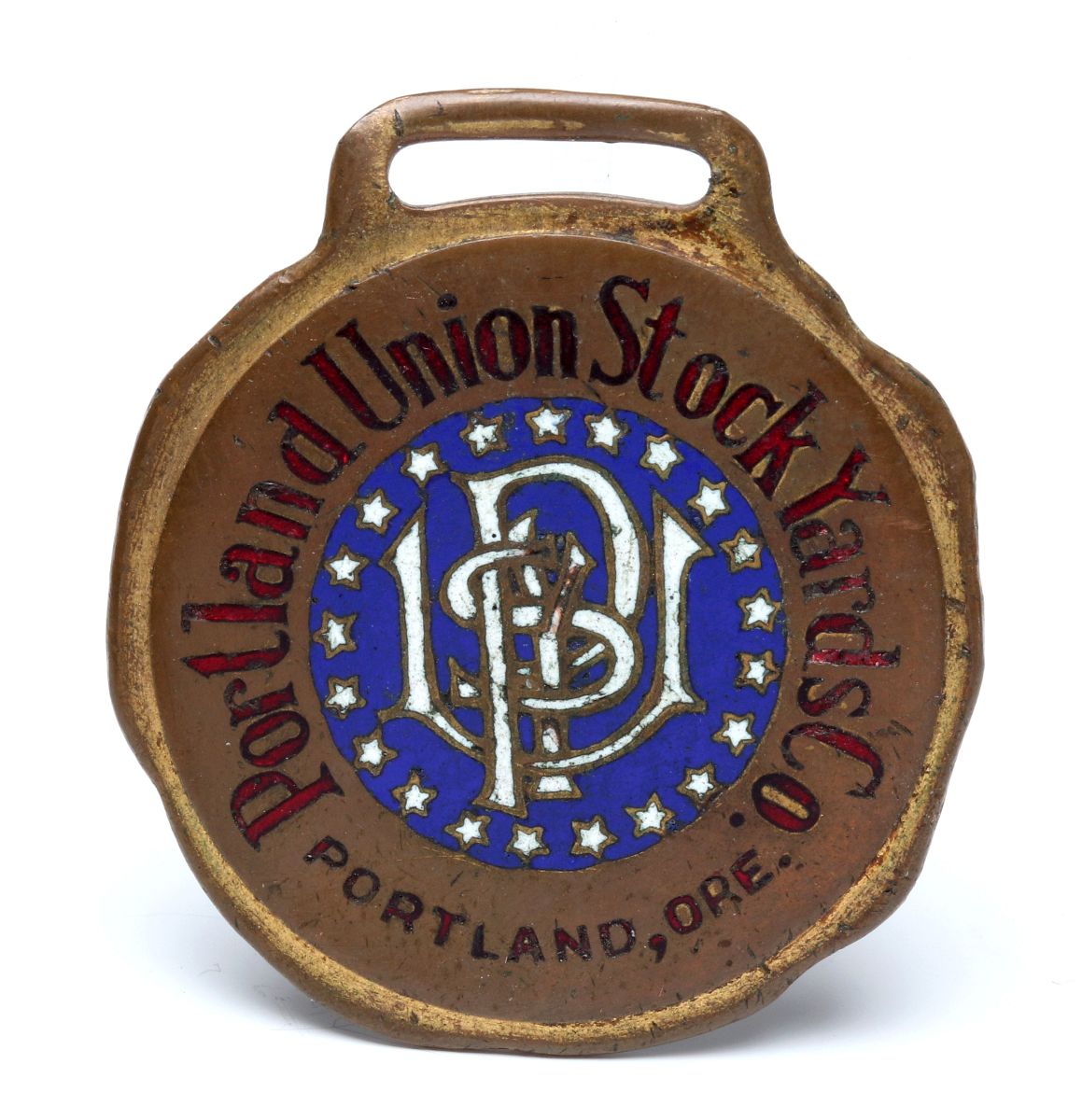 RARE PORTLAND UNION STOCK YARD ENAMELED WATCH FOB