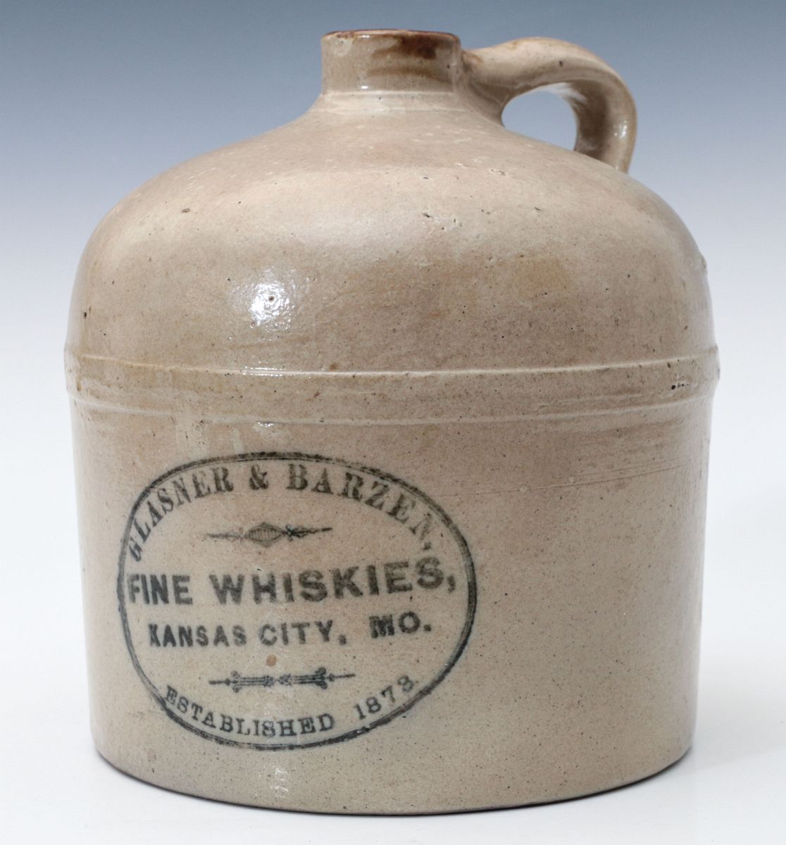 MACOMB POTTERY 'WHISKIES' JUG FOR GLASNER & BARZEN