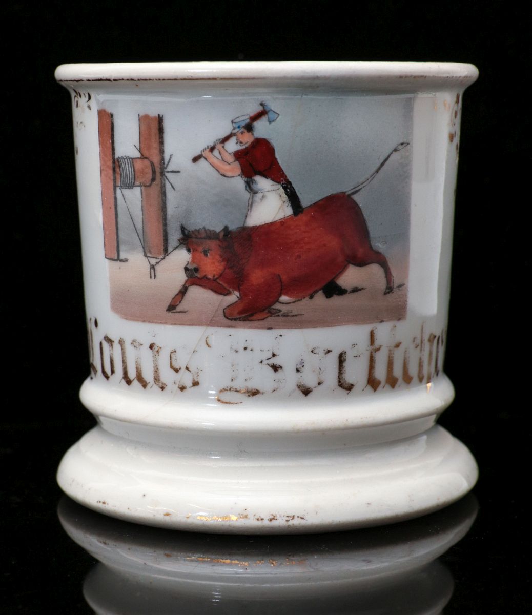 A HAND PAINTED BUTCHER OCCUPATIONAL SHAVING MUG