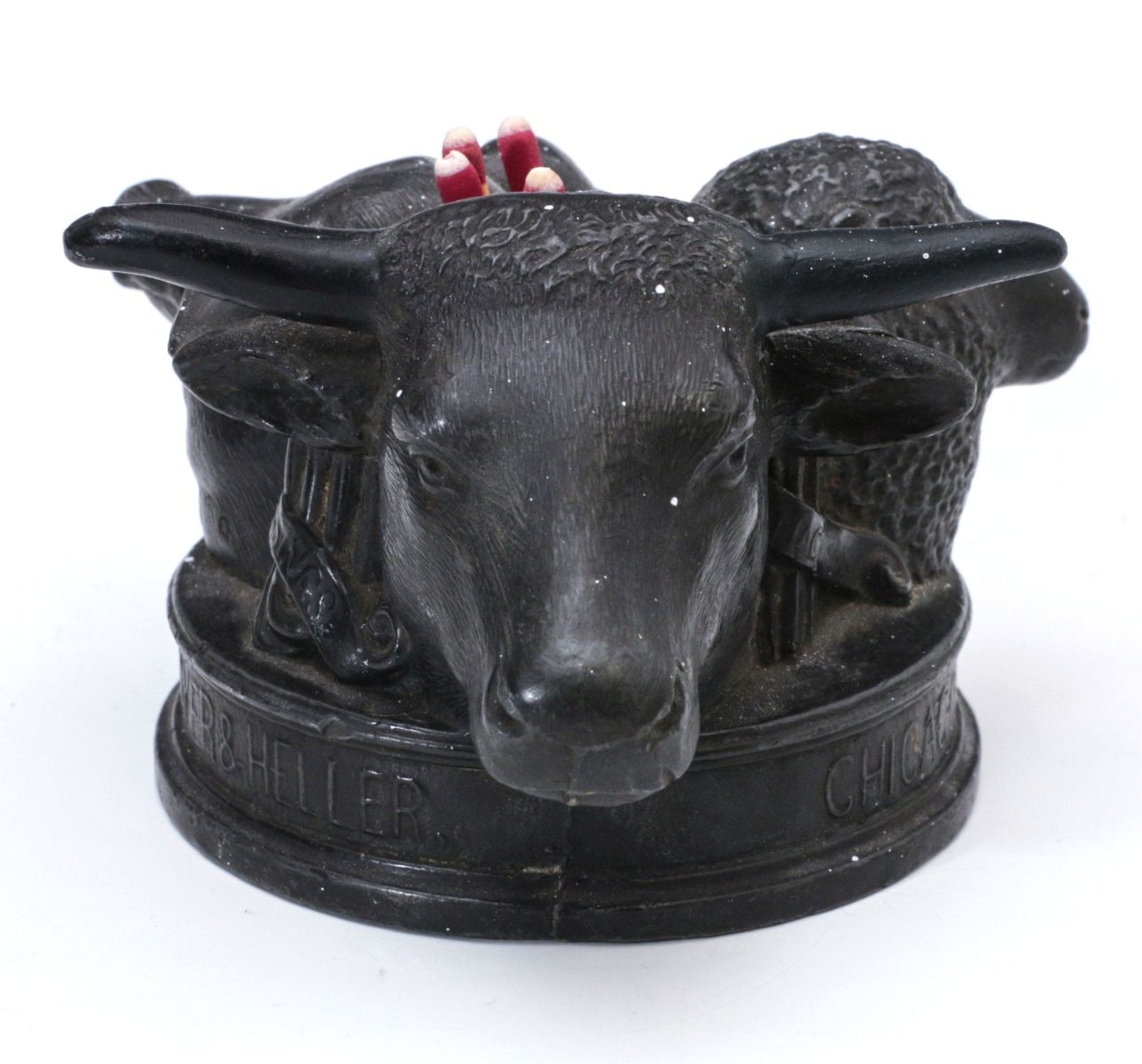 A WOLF, SAYER & HELLER MATCH HOLDER W/ LIVESTOCK