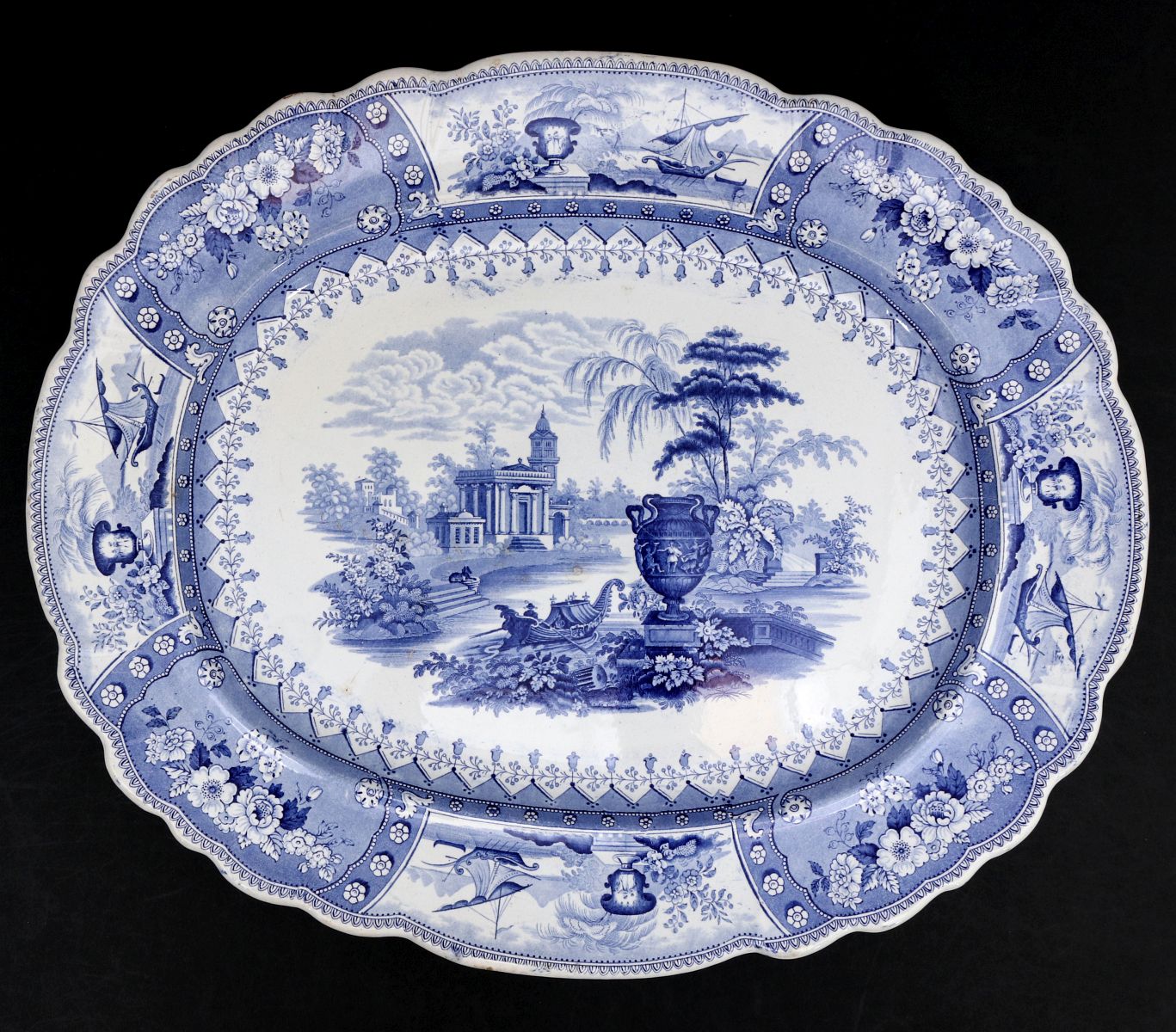 A 19TH C. BLUE TRANSFER PLATTER IN CONOVA PATTERN