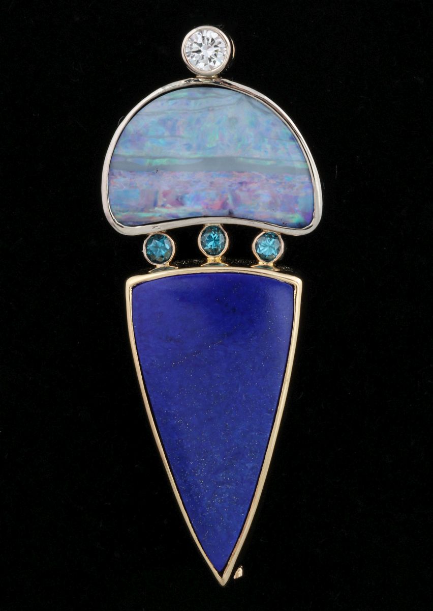 MICKY ROOF 18K GOLD, OPAL, DIAMOND & LAPIS PENDANT