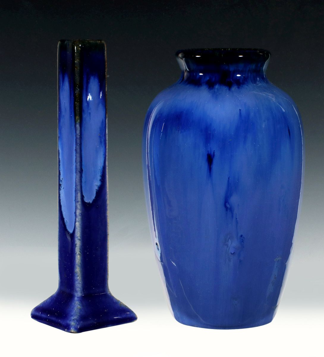 TWO BLUE FLAMBE GLAZE FULPER ART POTTERY VASES