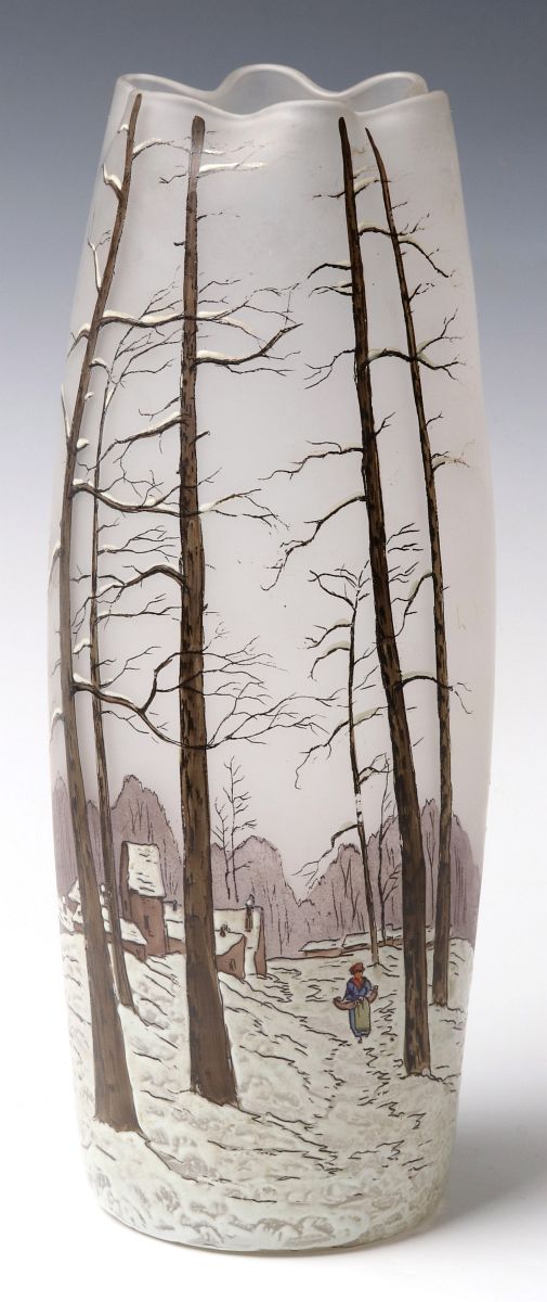 ENAMELED SNOW SCENE ART GLASS VASE SIGNED LEGRAS