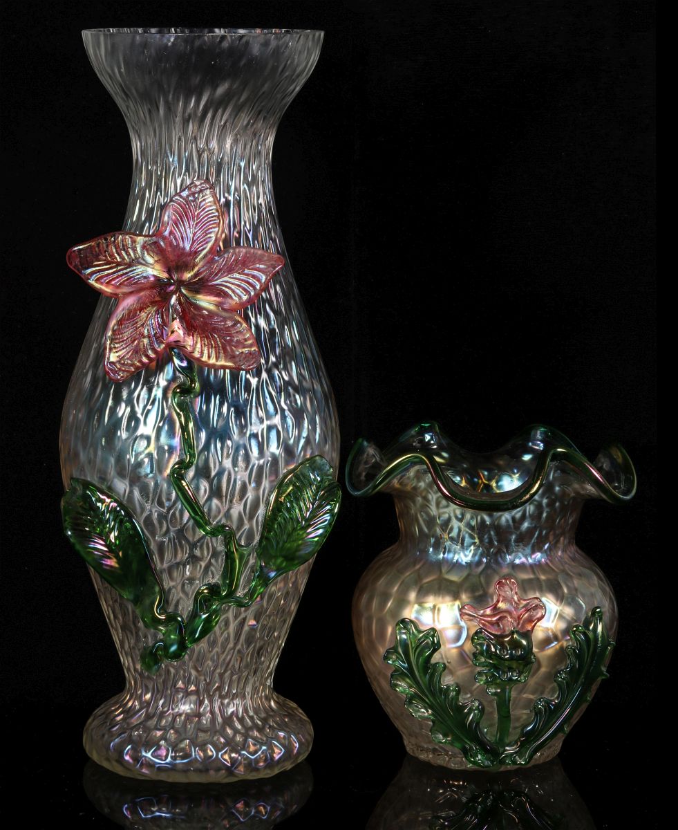 TWO KRALIK MARTELE ART GLASS VASES WITH APPLIQUE'