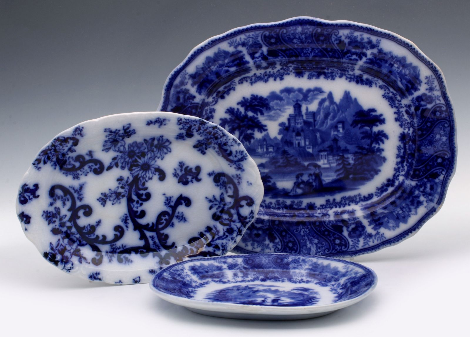 MERCER PAISLEY AND NONPAREIL FLOW BLUE PLATTERS