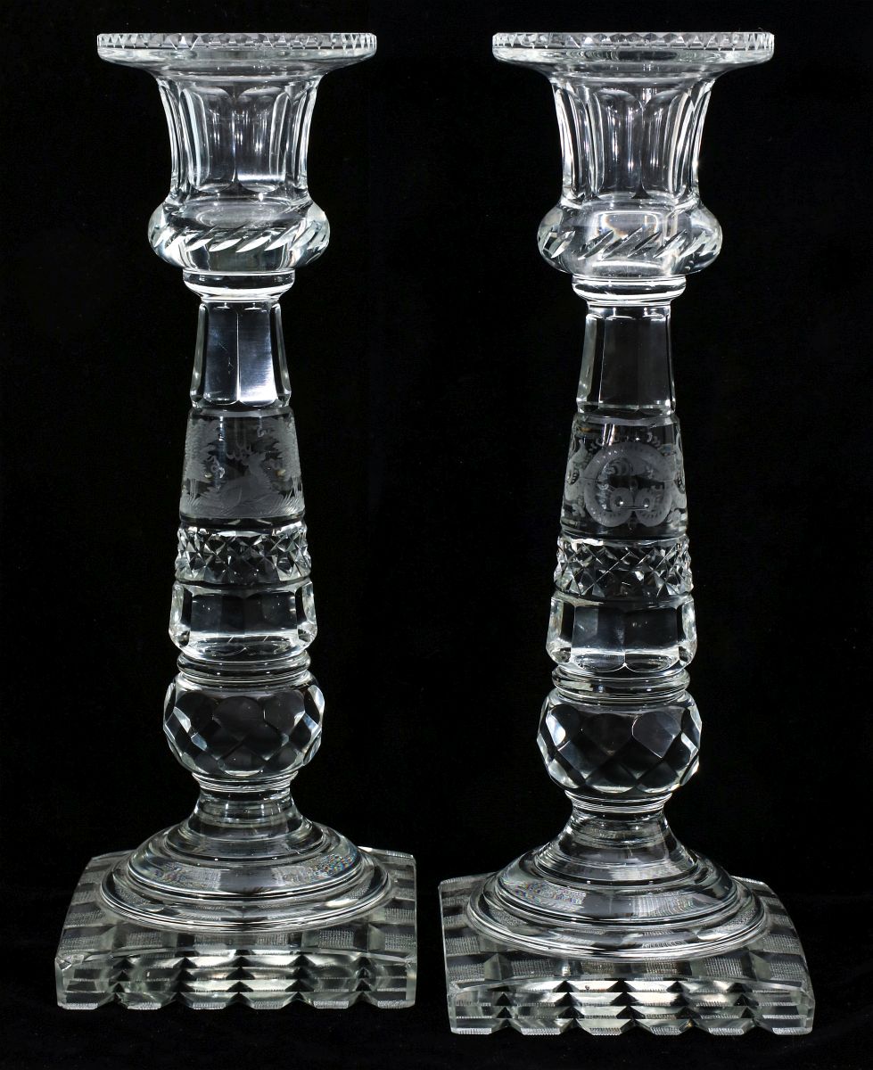 BOHEMIAN CANDLESTICKS AND AN ART GLASS PERFUME