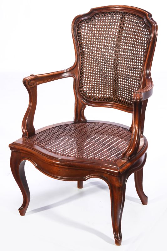 A LOUIS XV STYLE CANED FAUTEUIL ARMCHAIR