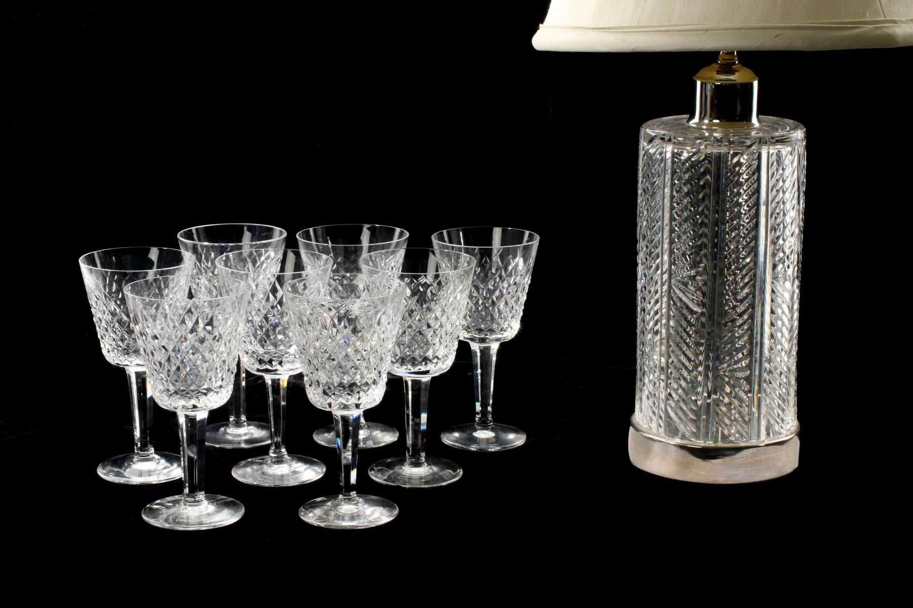 WATERFORD CRYSTAL STEMWARE AND BOUDOIR LAMP