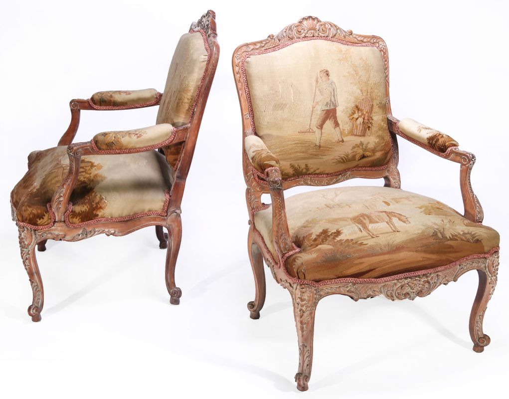 A PAIR 19TH C. LOUIS XV-STYLE FAUTEUILS EN CABRIOLE