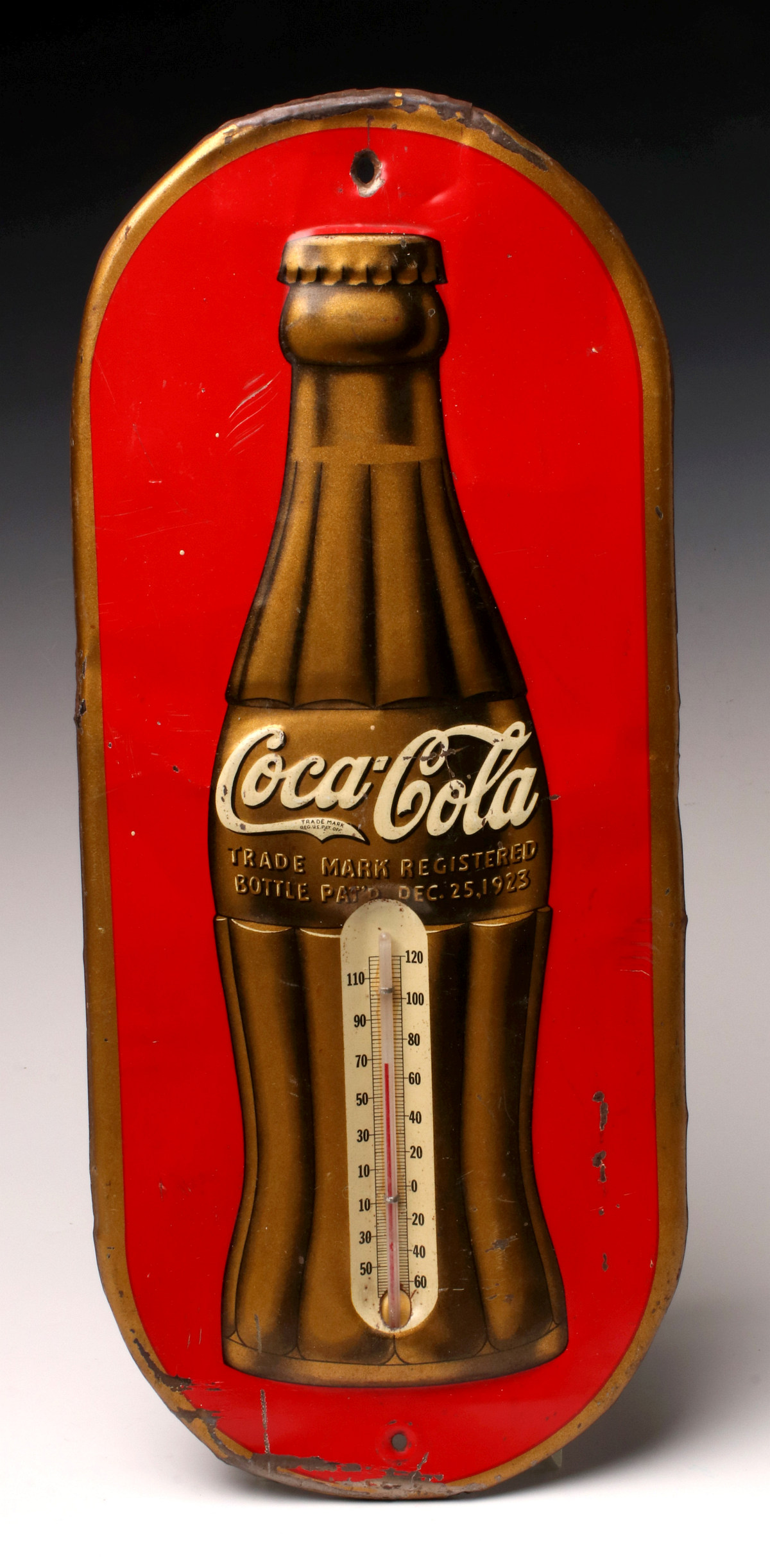 A TIN LITHO COCA-COLA ADVERT. THERMOMETER CA. 1936