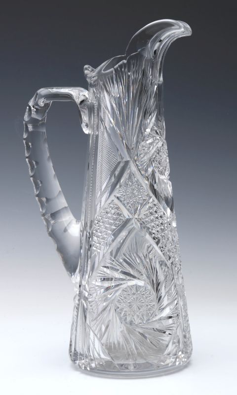 AN ABP CUT GLASS EWER,  13-INCHES 