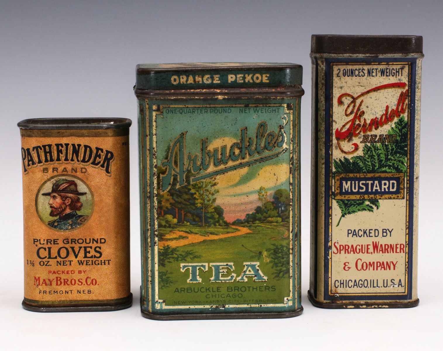 ANTIQUE CLOVE, TEA AND MUSTARD ADVERTISING TINS